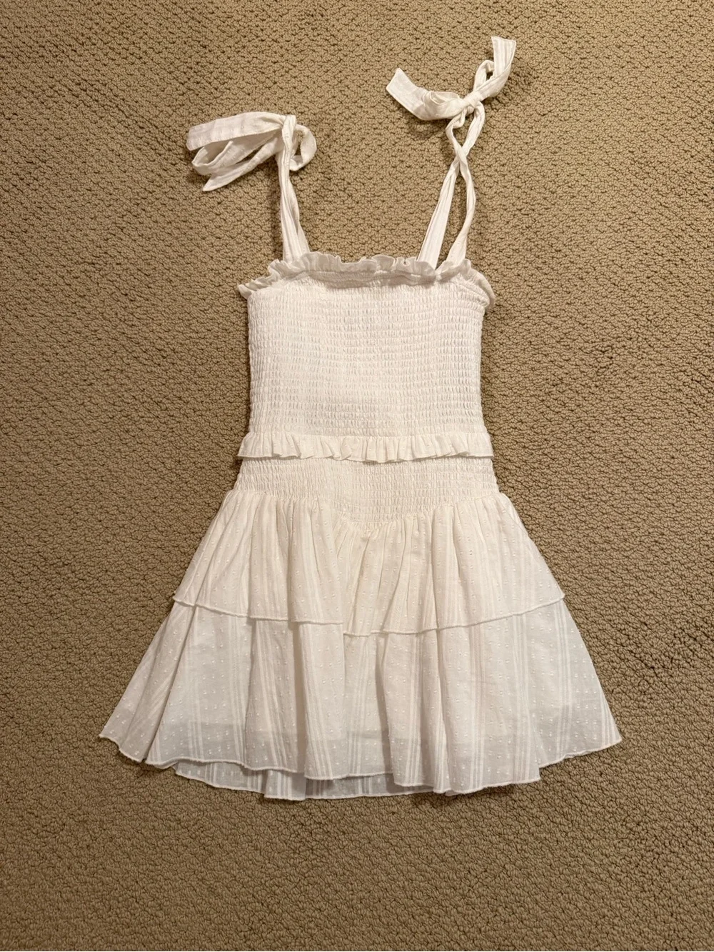 Katie J NYC White Smocked Tiered Sundress with Tie Straps